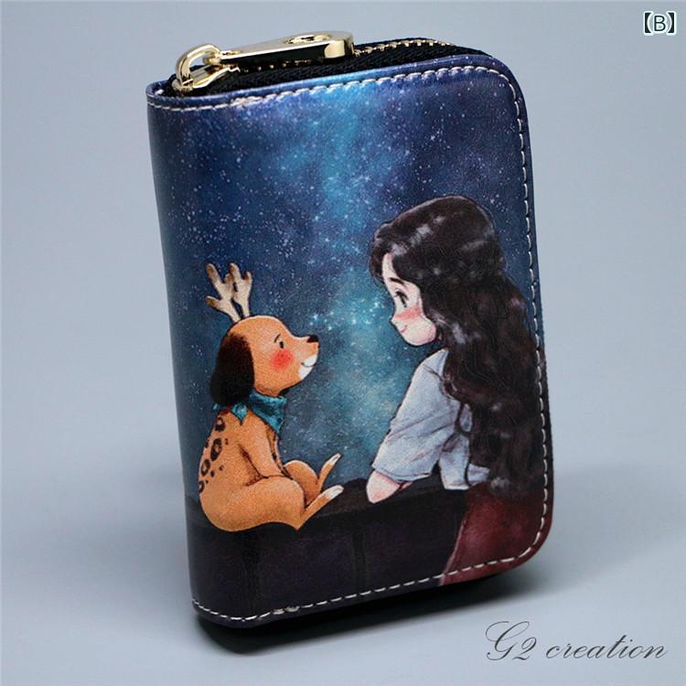 カードケース レディース 韓国風 ファスナー アコーディオン式 じゃばら 大容量 多収納 かわいい キャラクター イラスト レトロ 小銭入れ 名刺入れ ミニ財布 コンパクト PUレザー 縦型 3