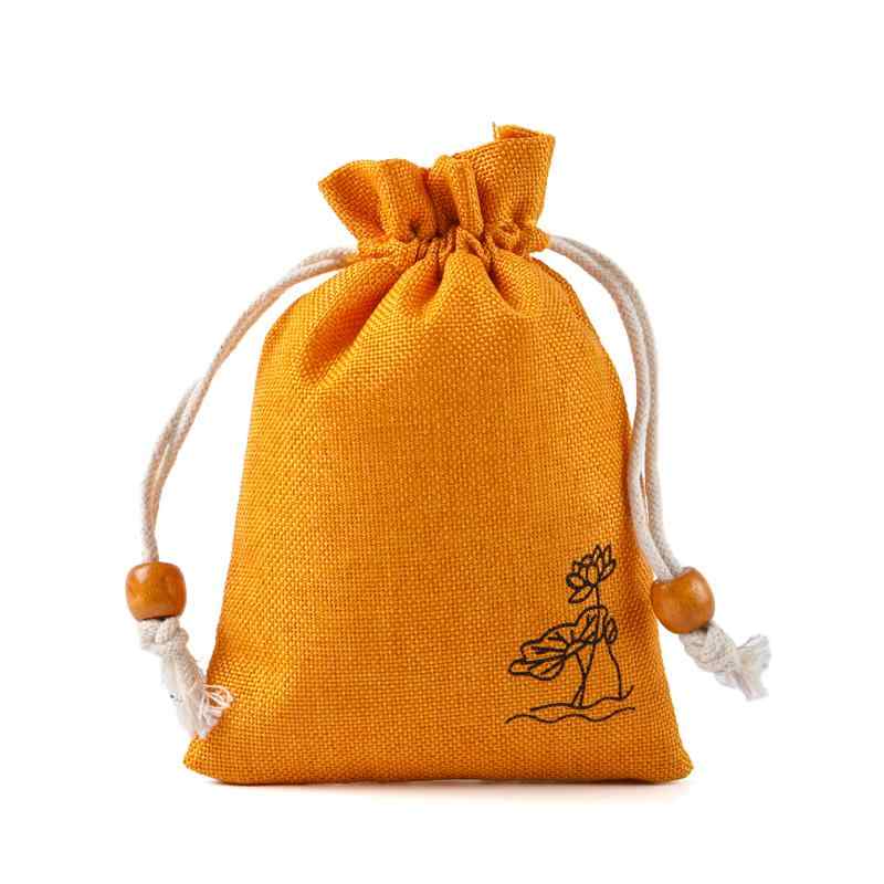 巾着袋 ジュート 麻製 蓮柄 アクセサリー 収納 ポーチ サシェ 小物入れ プレゼント ラッピング ギフト..