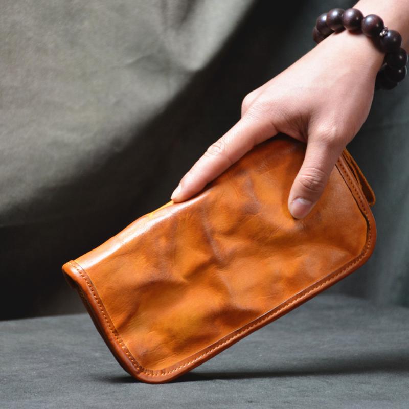 長財布 メンズ 男性用 ヌメ革 革 牛革 レトロ ソフトレザー ハンドメイド 大容量 ビジネス 通勤 ファスナー 小銭入れ 札入れ カード収納 縦型 セカンドバッグ