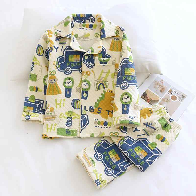 パジャマ 男の子 キッズ 秋冬 綿 厚手 三層中綿 キルティング 暖かい 恐竜柄 キャラクター 長袖 長ズボン 襟 ゆったり ルームウェア 部屋着