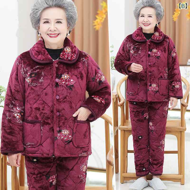 パジャマ レディース シニア 高齢者 祖母 母親 秋冬 サンゴフリース 厚手 中綿 キルティング 暖かい 暖かい 上下セット 長袖 ロングパンツ 襟 前開き 花柄 ルームウェア 部屋着