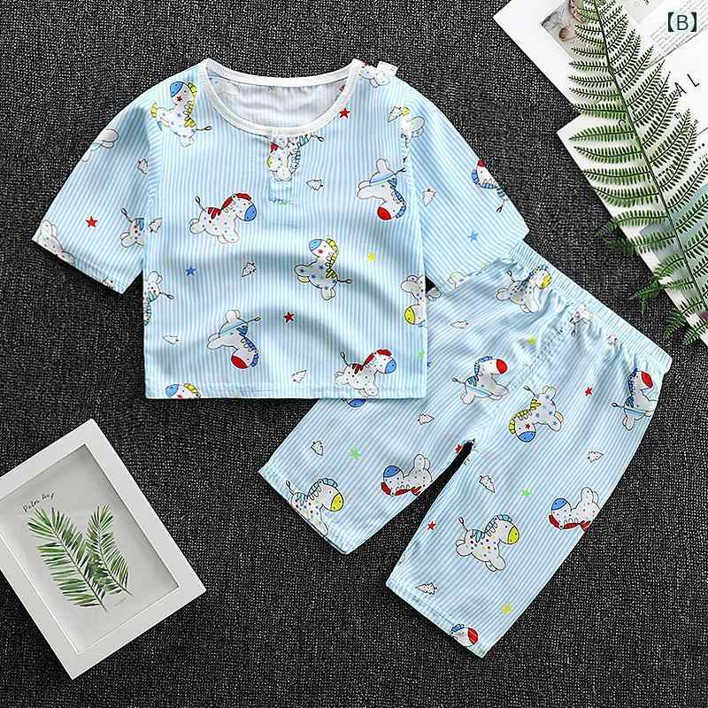 パジャマ ベビー キッズ 男の子 女の子 ユニセックス 七分袖 ショートパンツ 上下セット ルームウェア 綿 吸湿速乾 涼しい 快適 キャラクター かわいい 夏