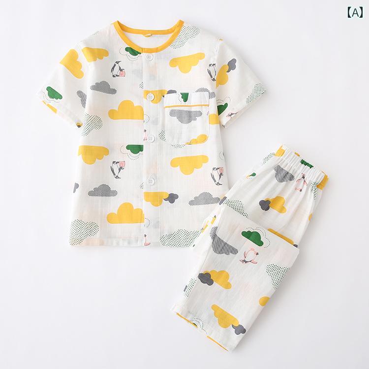 Pijamas Niños Niños Primavera Verano Algodón Garzón Medio mango Pantalones Largos Camisetas de la habitación Lineras de algodón Absorción de humedad Aérea Mancha delgada — vista 2