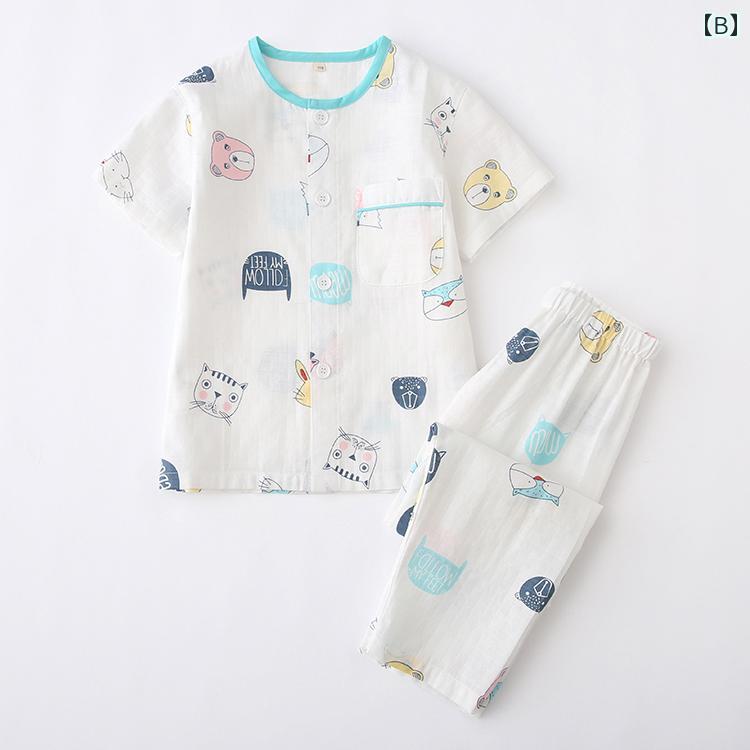 Pijamas Niños Niños Primavera Verano Algodón Garzón Medio mango Pantalones Largos Camisetas de la habitación Lineras de algodón Absorción de humedad Aérea Mancha delgada — vista 3