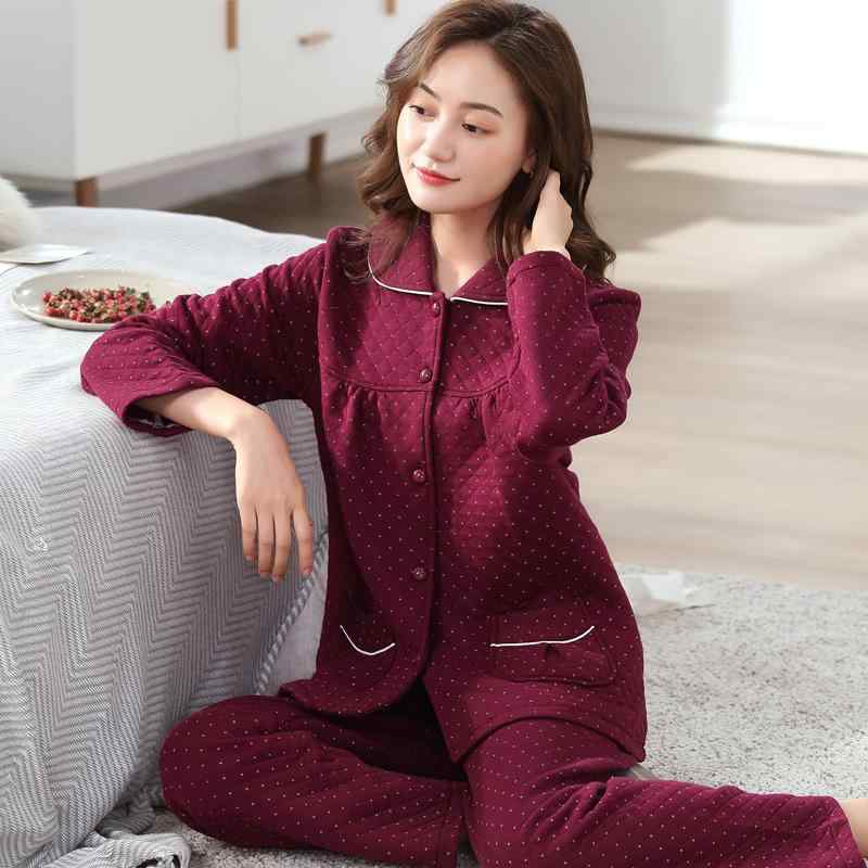 パジャマ レディース ミセス 綿 長袖 厚手 秋冬 ニットキルト 三層 前開き 上下セット ルームウェア 部..