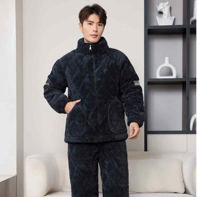 パジャマ メンズ 冬 極厚 サンゴフリース 中綿 三層 ルームウェア 上下セット 長袖 長ズボン 前開き テ..