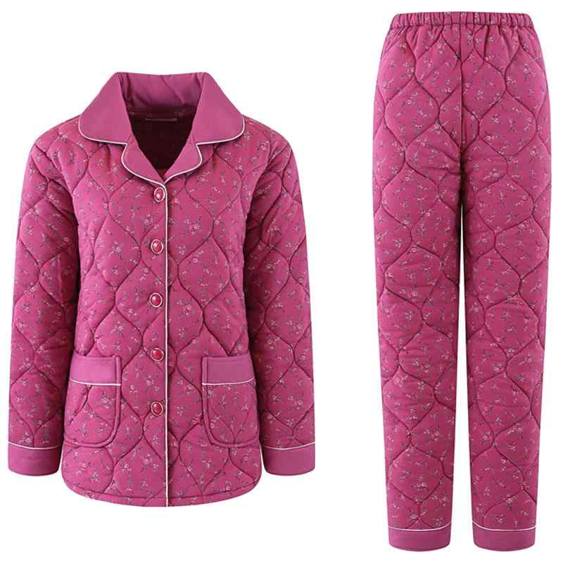 パジャマ レディース ミセス 冬用 暖かい 綿 三層キルティング 中綿 長袖 前開き ウエストゴム 刺繡 ルームウェア チェック柄 テーラードカラ...