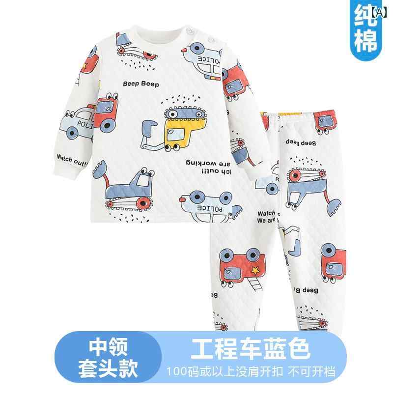 肌着 ベビー キッズ 子供 男女兼用 男の子 女の子 三層中綿 キルティング 厚手 暖かい あったか 綿 長袖 長ズボン 上下セット パジャマ 部屋着 吸湿速乾 秋冬