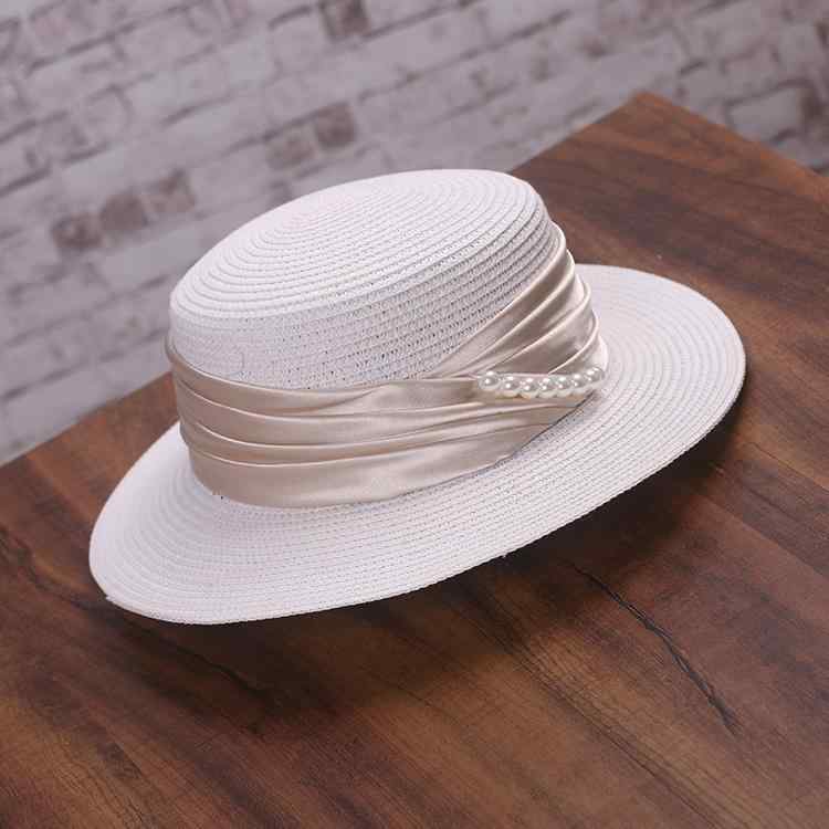 麦わら帽子 レディース カンカン帽 パール飾り フレンチ エレガント 平天 平つば ワイドブリム UVカッ..