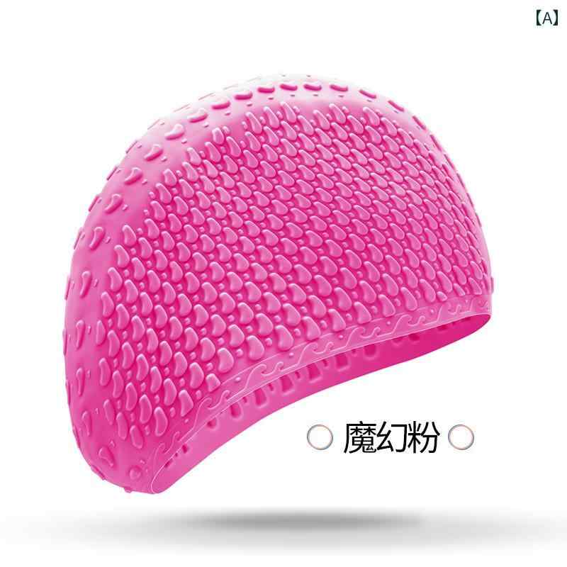 スイムキャップ 男女兼用 ユニセックス シリコン 防水 耳保護 締め付け感なし ロングヘア メンズ レディース 韓国風 個性的 水滴型 凹凸加工 滑り止め プール 水泳帽