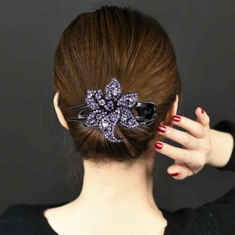 バンスクリップ レディース 大きめ L クリスタル ラインストーン 韓国風 エレガント 上品 ヘアアレンジ まとめ髪用 アクセサリー シャンパン ゴールド パープル 多展開