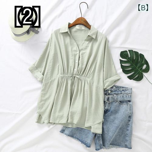 夏 マタニティ 服 ルーズ シフォン シャツ 韓国 半袖 薄 ネック ブラウス 巾着 ドレープ