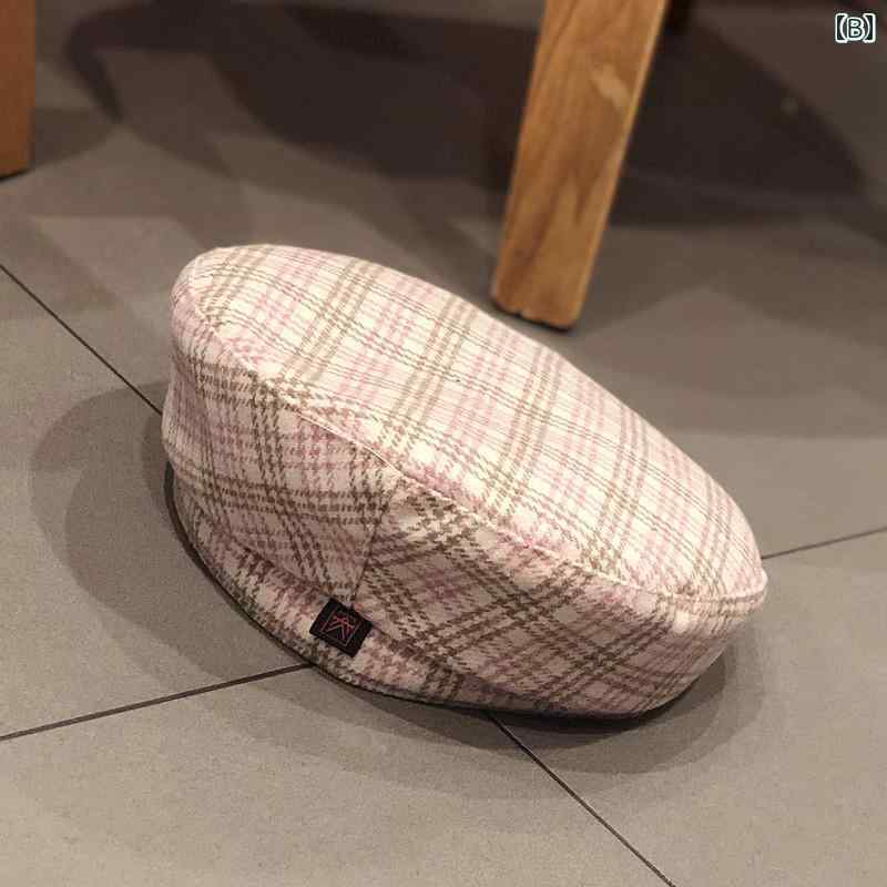 ベレー帽 レディース ウール混 チェック柄 レトロ かわいい ガーリー フラットトッ...