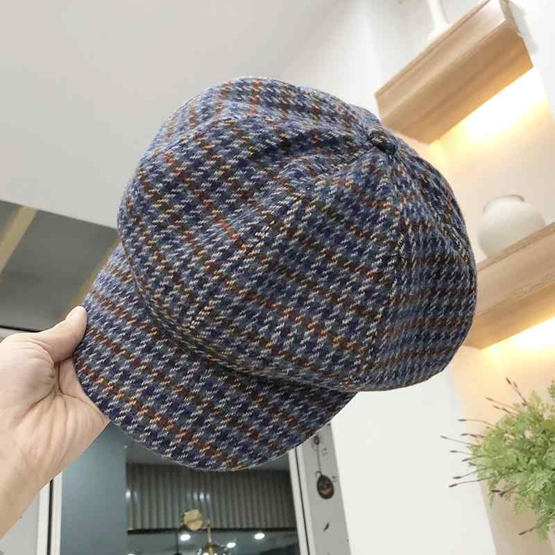 帽子 レディース 女性用 八角 ベレー帽 キャスケット 報童帽 画家帽 秋冬 ウール チェック柄 レトロ イ..
