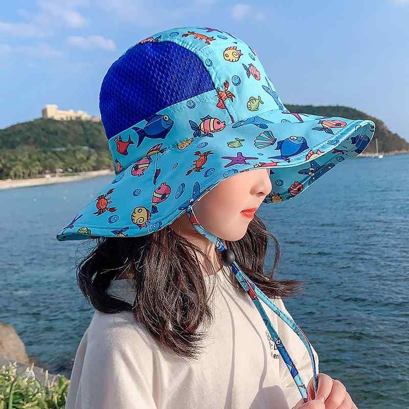 漁夫帽 キッズ 男の子 女の子 子供 春夏 薄手 軽量 通気性 UVカット 紫外線対策 日焼け防止 つば広 ドーム型 かわいい キャラクター柄 アニマル柄 ビーチ 海 プール お出かけ レジャー 旅行 遠足 綿ポリエステル