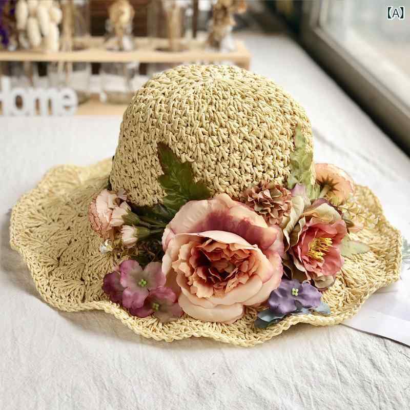麦わら帽子 レディース 芍薬モチーフ クロシェ編み つば広 フリル ストローハット ...