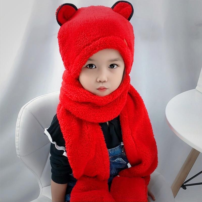 帽子 親子 キッズ 子供 大人 男女兼用 クマ耳 フード マフラー 手袋 一体型 厚手 防寒 ポリエステル 秋冬 イエロー ブラウン グレー ピンク ホワイト