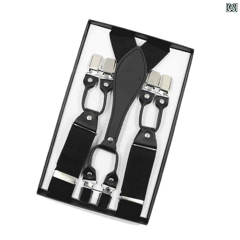 サスペンダー 吊りバンド メンズ 男性用 6クリップ 伸縮性 ゴム 大きいサイズ カジュアル ビジネス フォーマル スラックス パンツ用 二層牛革 レザー調 合金バックル シニア ふくよかな方 オールシーズン