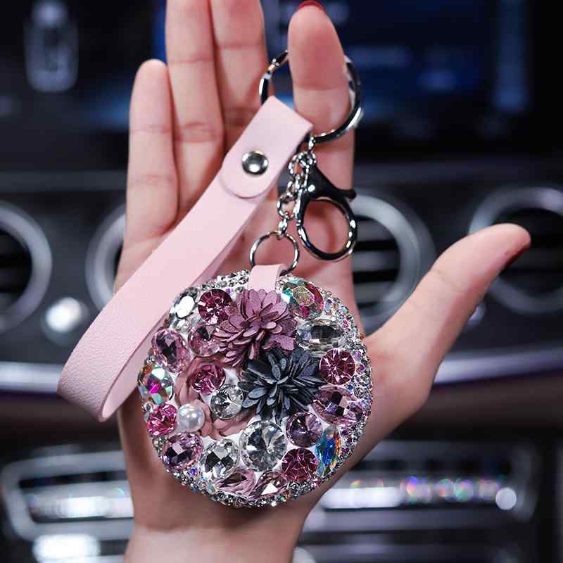 キーホルダー レディース 車用 車内装飾 クリスタル おしゃれ 個性的 レザー キーリング 鏡 ピンク ブ..