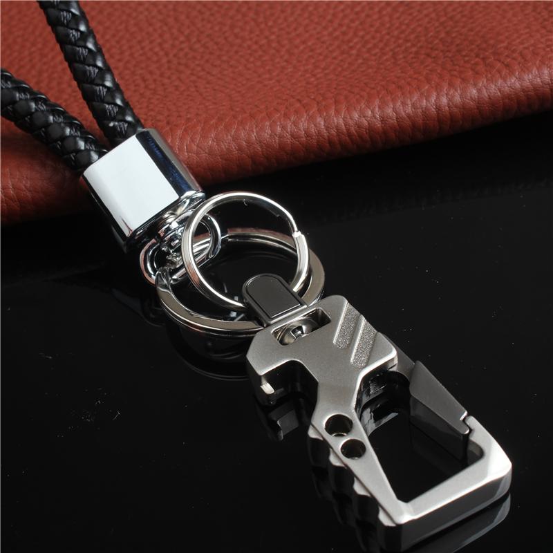 キーホルダー メンズ 男性用 車用 カーアクセサリー キーリング 多機能 栓抜き 編み込み PUレザー 合金製 スタイリッシュ クール ガンメタリック シルバー ゴールド ブラック レッド