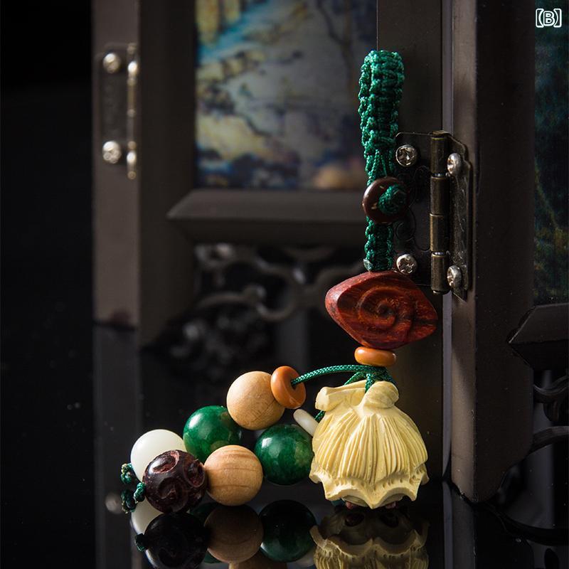 キーホルダー メンズ レディース 男女兼用 車用 キーリング 手編み ロープ 個性的 おしゃれ チャーム ビーズ グリーン 蓮の花 菩提の実