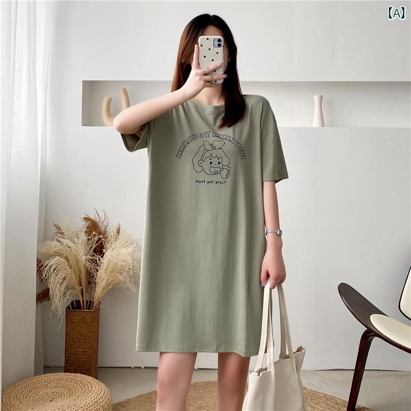ワンピース 半袖 Tシャツ 夏 ゆったり レディース カジュアル かわいい 大きいサイズ 薄手 綿 膝上丈 グリーン