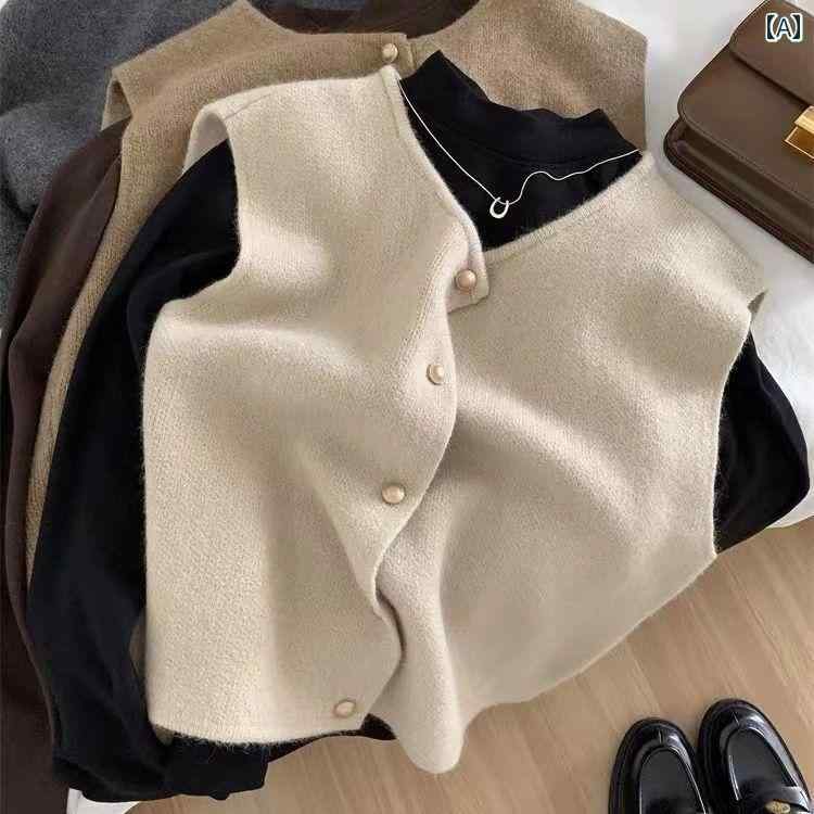 ベスト レディース おしゃれ 前開き フレンチ 韓国 春秋 シンプル ニット カーディガン ノースリーブ 上品