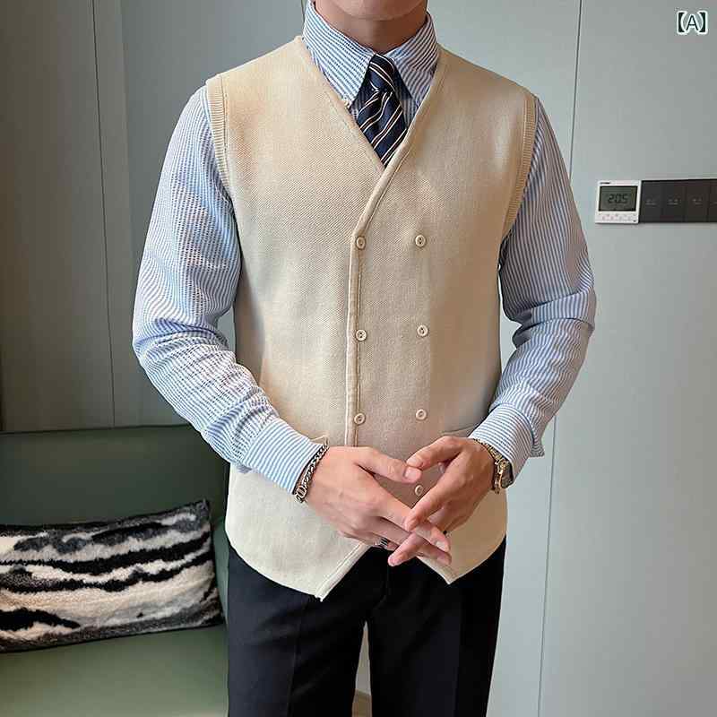ベスト メンズ おしゃれ 前開き 秋冬 ダブルボタン ニット レトロ 開襟 シンプル カーディガン カジュアル