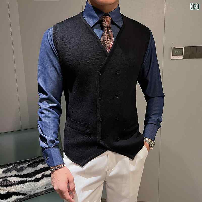 ベスト メンズ おしゃれ 前開き 秋冬 ダブルボタン ニット レトロ 開襟 シンプル カーディガン カジュアル