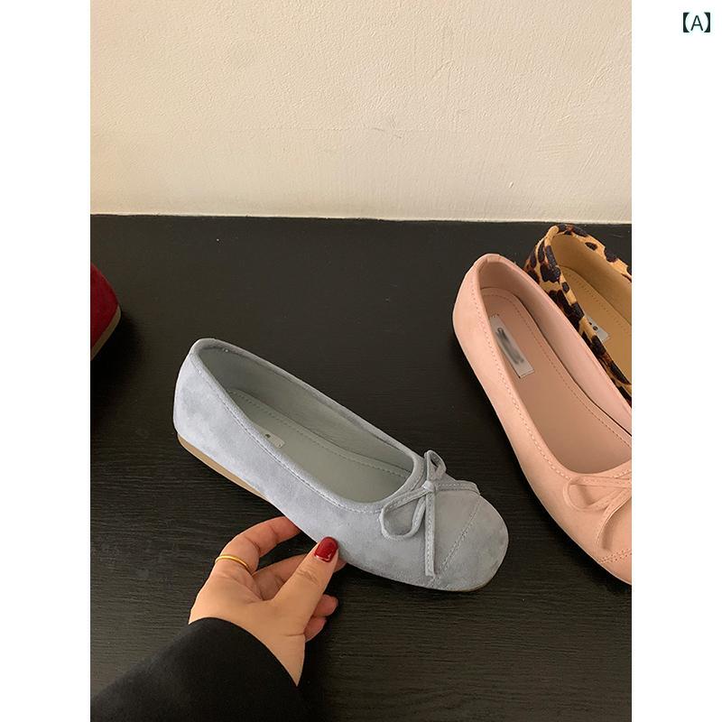 パンプス リボン フラットシューズ レディース おしゃれ 歩きやすい 痛くなりにくい 柔らかい ぺたんこ ローヒール スエード スクエアトゥ 浅履き バレエ 靴 春夏 韓国 カジュアル シンプル 無地 普段使い オフィス ピンク 青 紫