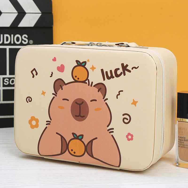 Makeup Boxes - メイクボックス 大容量 持ち運び PUレザー 手提げ 耐摩耗 防水 スクエア 化粧品 収納 小物入れ 整理 旅行 かわいい カジュアル カピバラ