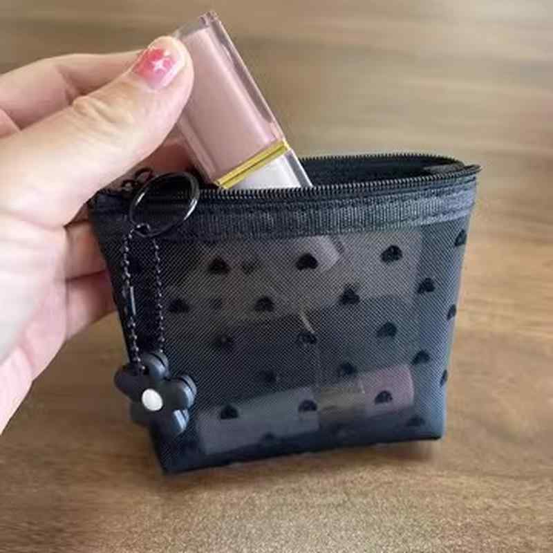 メイクポーチ 大容量 収納 メッシュ フロッキー ファスナー 手提げ 小さめ 化粧品 雑貨 バッグ ポータブル かわいい ハート 黒 ベージュ 紫