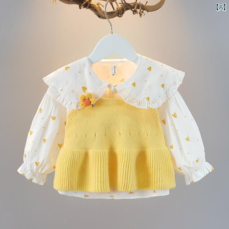Rakuten - キッズ 服 ベビー 女の子 春秋 トップス シャツ 前開き 長袖 ビックカラー フリル ビスチェ ニット 花 誕生日 普段使い かわいい ハート柄 黄色 ピンク