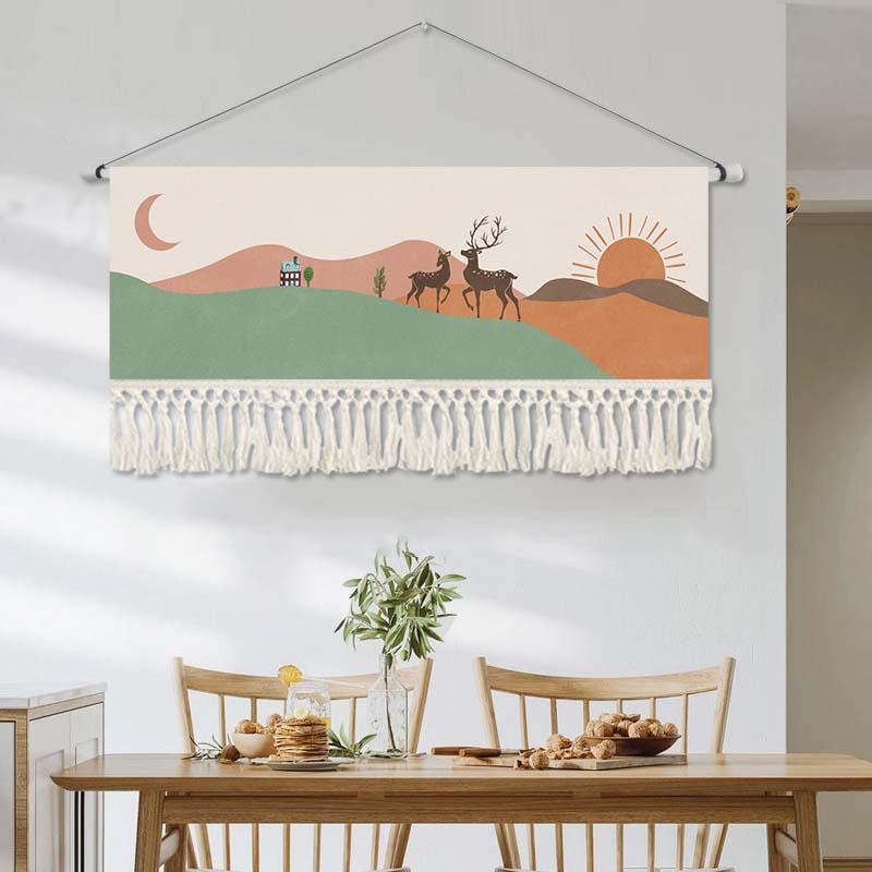タペストリー 壁掛け ヨーロピアン 北欧風 長方形 横向き タッセル 玄関 リビング 客間 書斎 背景 装飾 インテリア ポスター アート プリント おしゃれ 月 キリン 飛行機