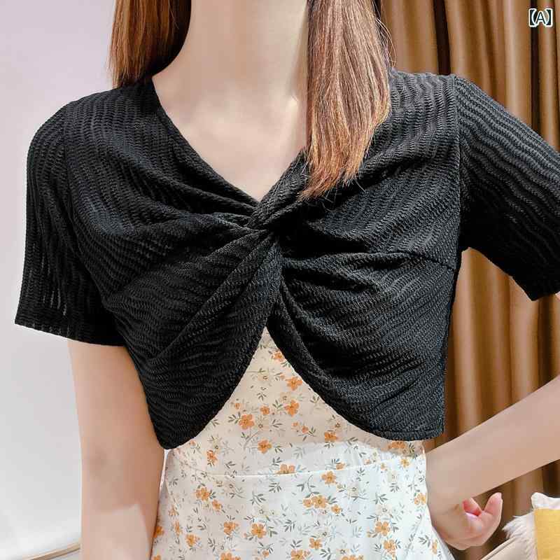 Nylon, Rayon, Polyester - トップス 半袖 レディース おしゃれ 夏 薄手 レース ショート丈 フレンチ風 日焼け防止 ショール 上品 透け感