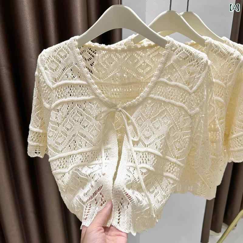 Nylon, Rayon, Polyester - カーディガン レディース おしゃれ 杏色 ニット 透かし編み 日焼け防止 夏 半袖 ショート丈 レース風 重ね着 涼しい