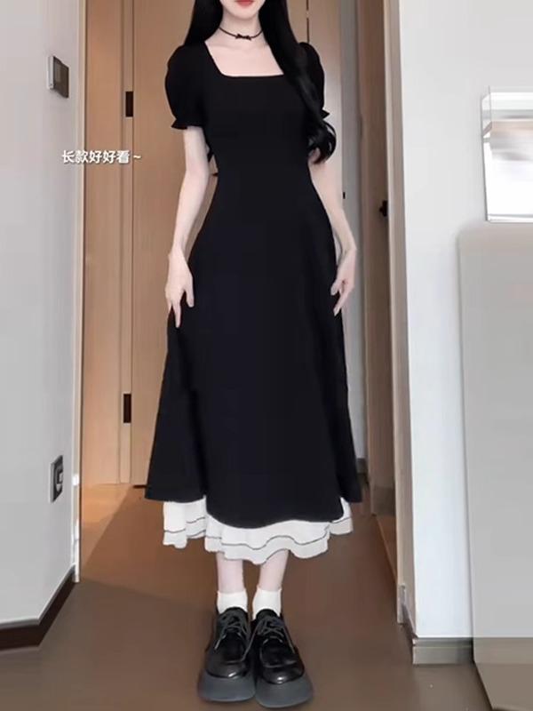 ワンピース レディース 黒 スクエアネック フレンチ風 夏上品 体型カバー 小柄 ロング ウエストマーク シンプル