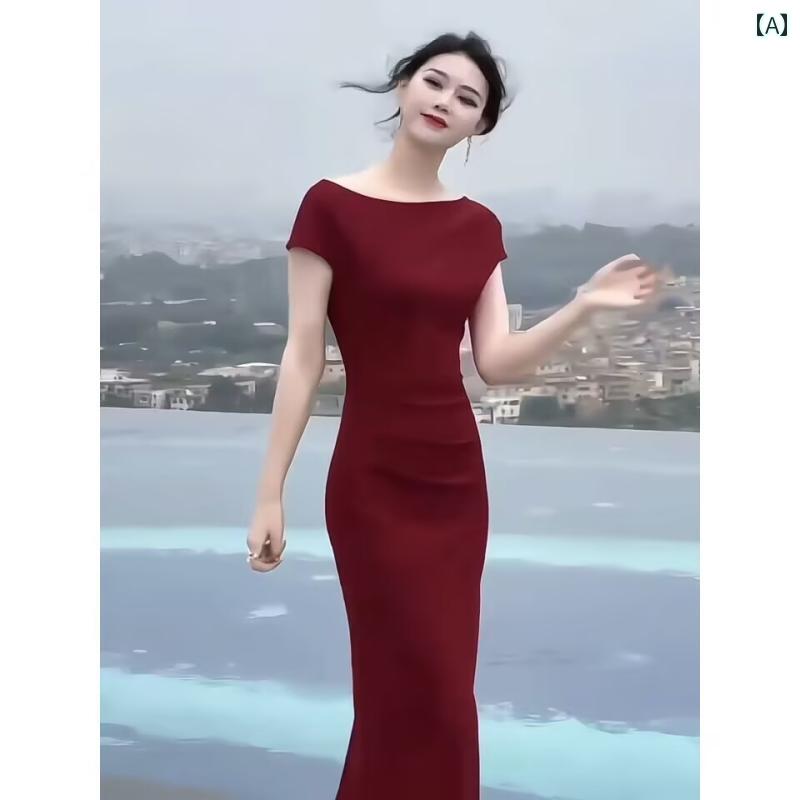 ワンピース レディース 夏 赤 ミディ丈 タイト シンプル 上品 きれいめ パーティー 結婚式 二次会 披露..