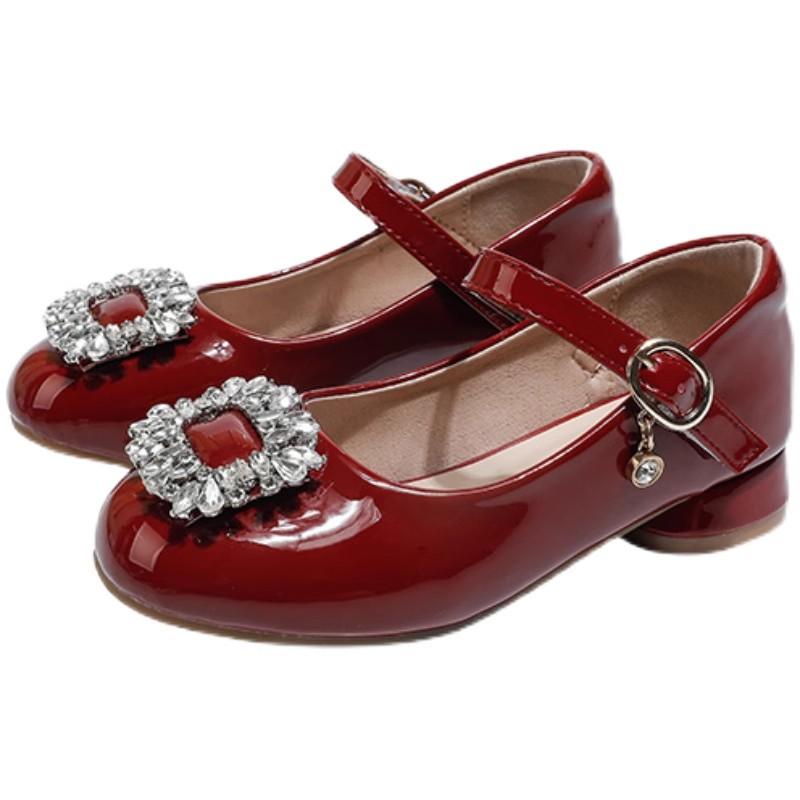 パンプス 女の子 キッズ 赤 ストーン バックル 春秋 おしゃれ ハイヒール 入学式 発表会 結婚式 フォー..