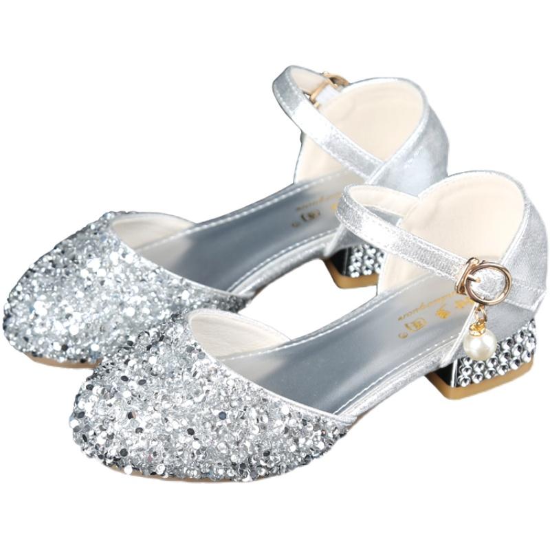 パンプス 女の子 シルバー きらきら ストーン アンクルストラップ 子供 発表会 ドレス パーティー ハイヒール 舞台 演奏会 結婚式 フォーマル シューズ
