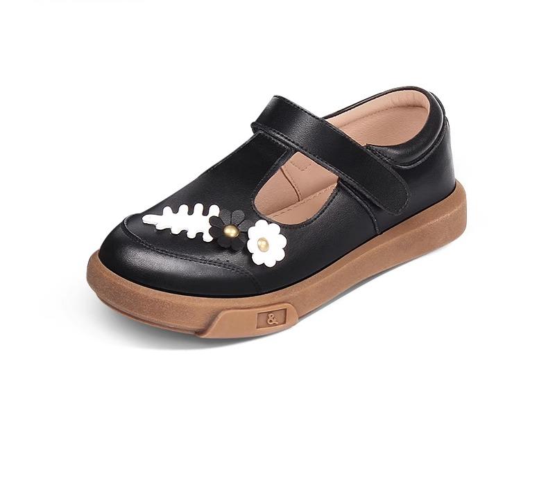 シューズ 女の子 子供 牛革 春秋 黒 お姫様 韓国 やわらかいソール 英国風 ベビー フラワー装飾 通園 ..