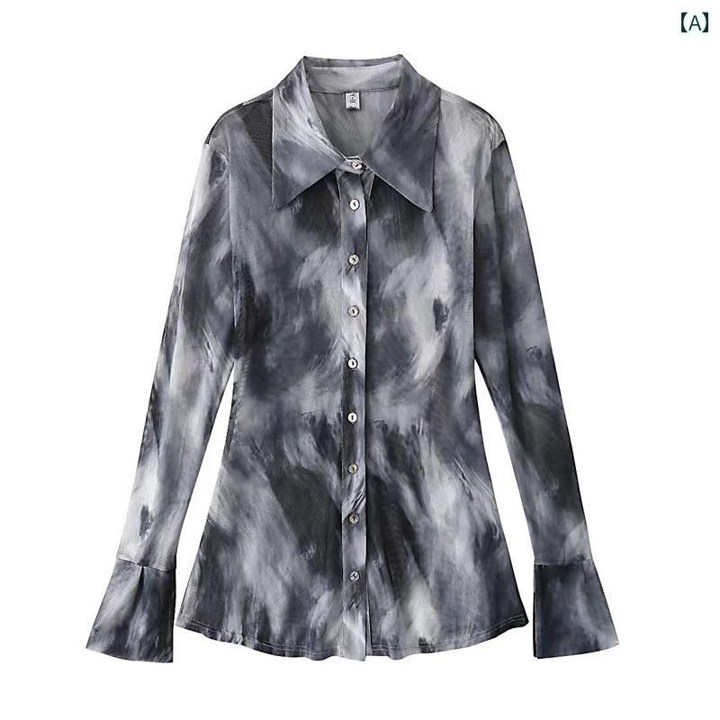 シャツ レディース 秋 長袖 ヴィンテージ風 タイダイ グラデーション トップス 羽織り ベルスリーブ 襟付き スリム フィット シンプル モード カジュアル おしゃれ 黒