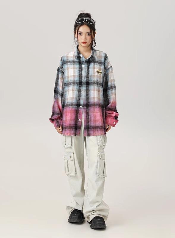 シャツ チェック ユニセックス 長袖 トップス 前開き 羽織り グラデーション カラー ダメージ加工 ゆったり 大きいサイズ カーゴパンツ シンプル カジュアル おしゃれ 青