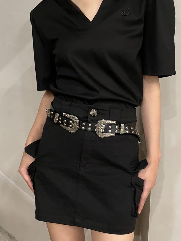 ベルト レディース ヴィンテージ風 彫刻 ダブルバックル スタッズ ウエスタン カウボーイ風 ストリート..