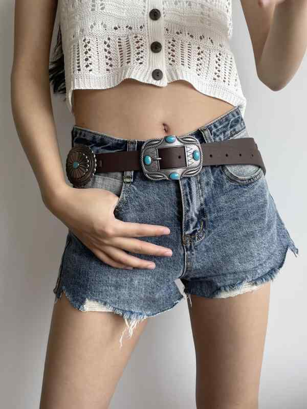 ベルト レディース ブラウン ヴィンテージ風 ウエスタン カウボーイ調 グリーンストーン 彫刻 民族風 幅広 パンク アクセサリー