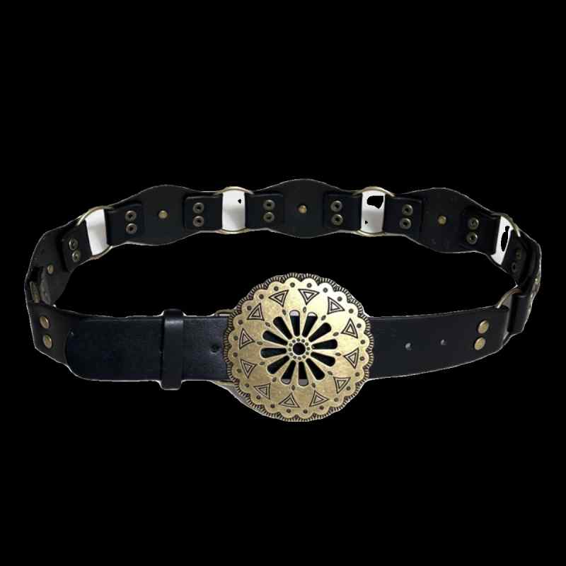 ベルト レディース 民族風 ヴィンテージ風 太陽花 モチーフ リングバックル スタッズ デコレーション コーデ 装飾