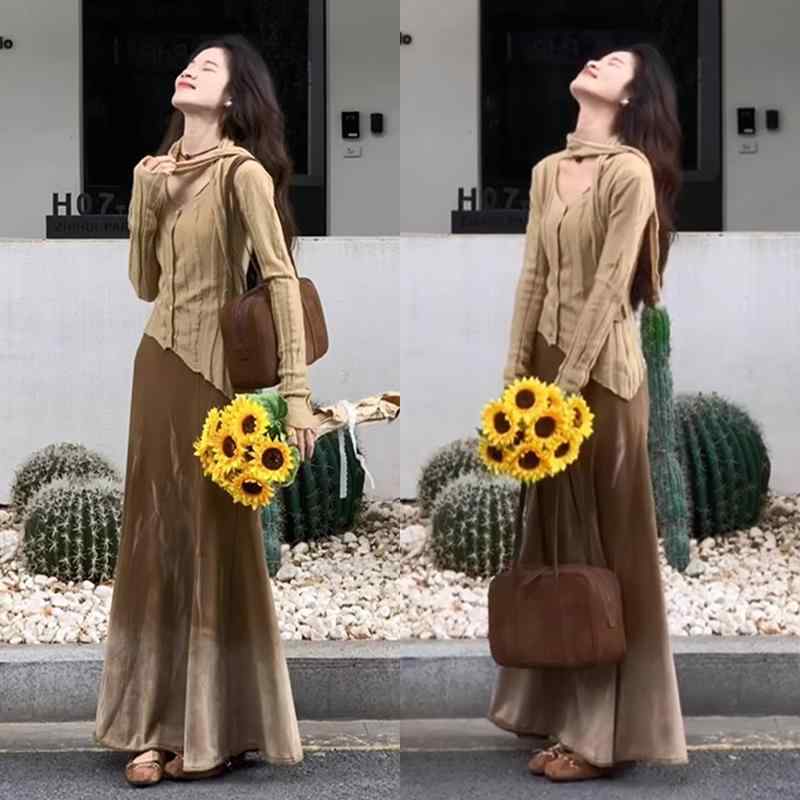 マーメイドスカート ロング 大人 上品 レディース 上下セット トップス アシンメトリー 長袖 ボタン スリムフィット 普段使い お出かけ 春 グラデーション ...