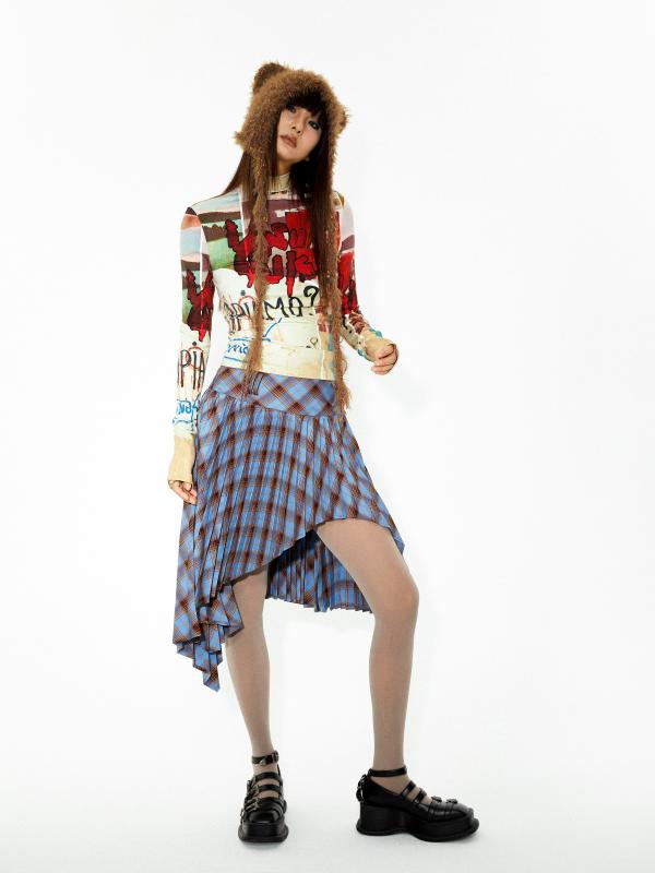 アシンメトリー スカート 大人 レディース 普段使い お出かけ パンク風 Aライン プリーツ ポケット デニム チェック柄 カジュアル おしゃれ 青紫色