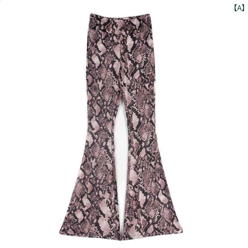 フレアパンツ レディース ハイウエスト ストレッチ 薄手 柔らかい 着痩せ 脚長効果 ベルボトム 長ズボン ロング ボトムス ヨガ フィットネス ダンス 衣装 おしゃれ セクシー カジュアル レトロ ヘビ パイソン アニマル柄