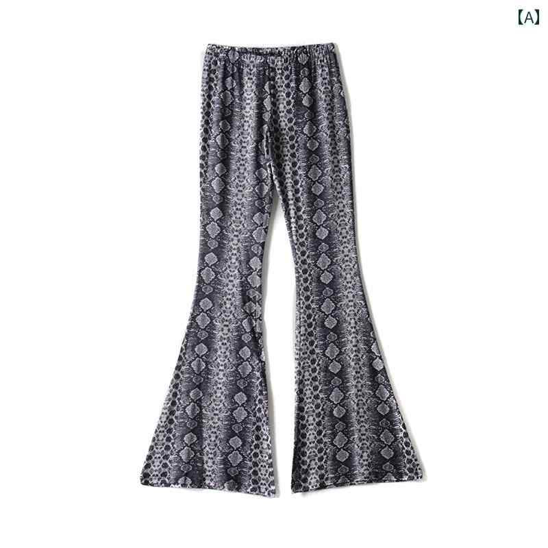 フレアパンツ レディース ローウエストゴム ストレッチ 薄手 柔らかい 着痩せ 脚長効果 ベルボトム 長ズボン ロング ボトムス ヨガ フィットネス ダンス 衣装 おしゃれ セクシー カジュアル レトロ ヘビ パイソン アニマル柄